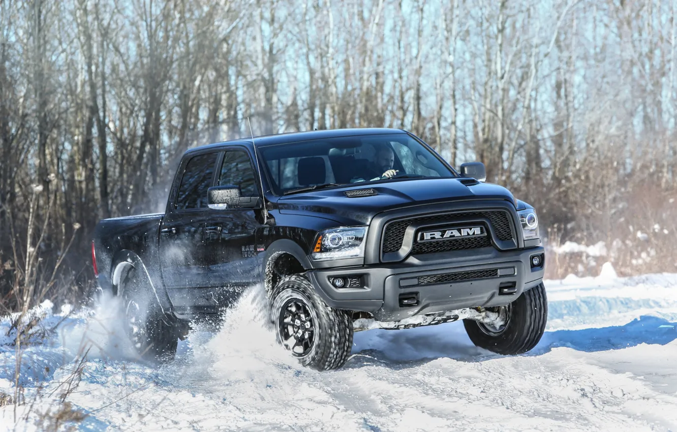Фото обои зима, снег, скорость, Dodge, автомобиль, winter, Ram 1500, Rebel Black Crew Cab
