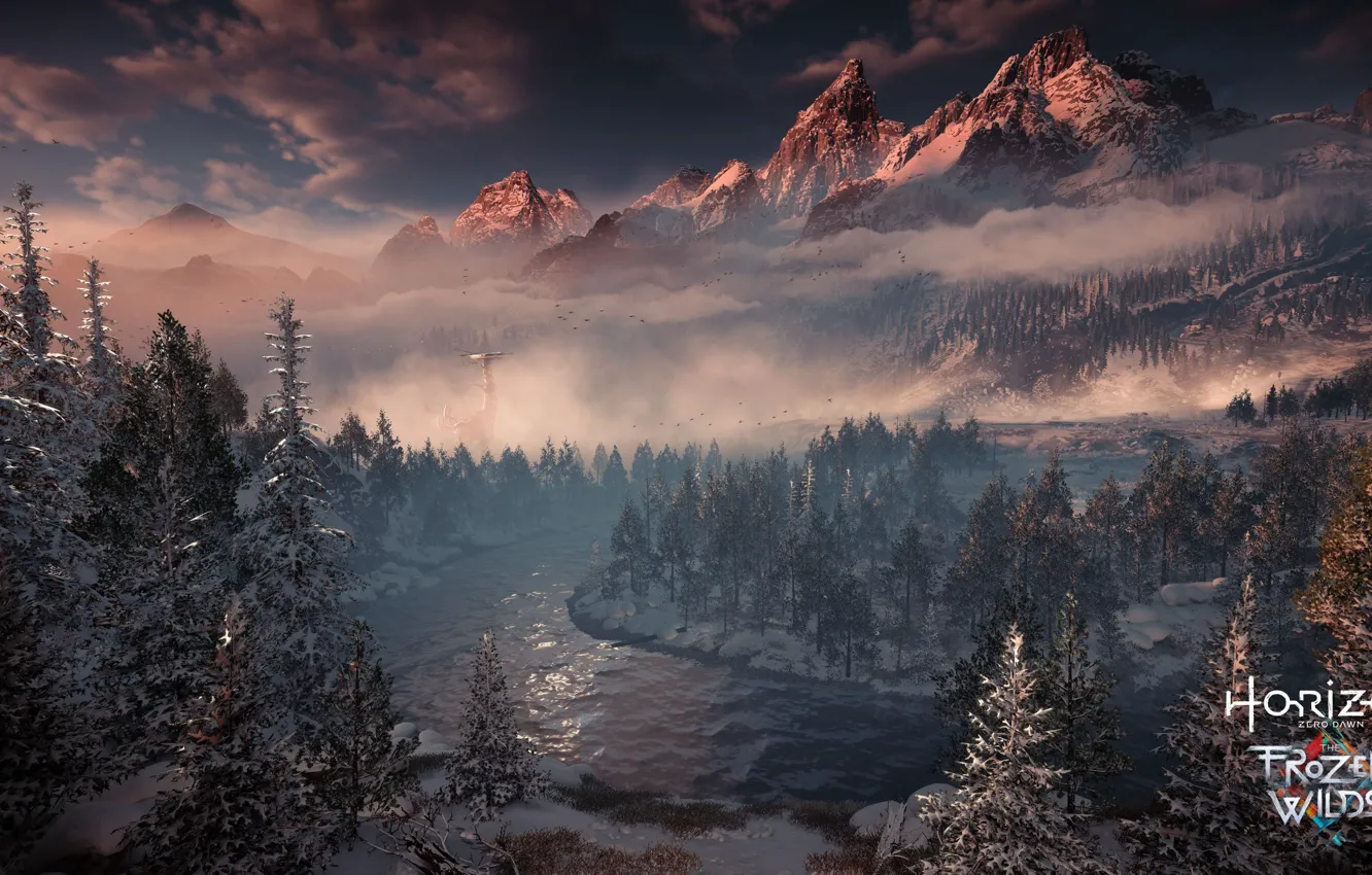 Фото обои game, river, snow, tree, montain, Horizon Zero Dawn, Horizon Zero Dawn The Frozen Wilds