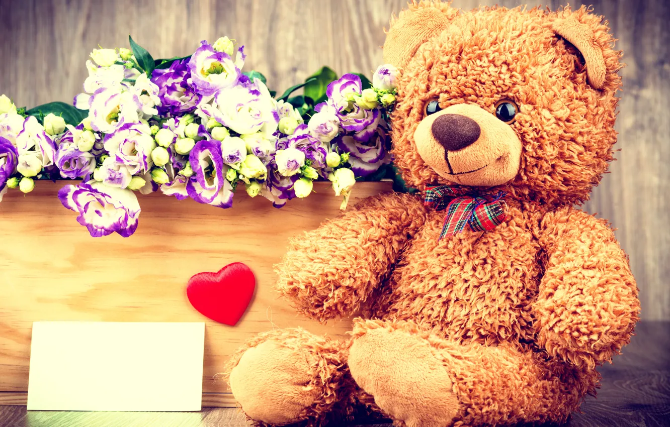 Фото обои цветы, подарок, корзина, букет, мишка, love, heart, flowers