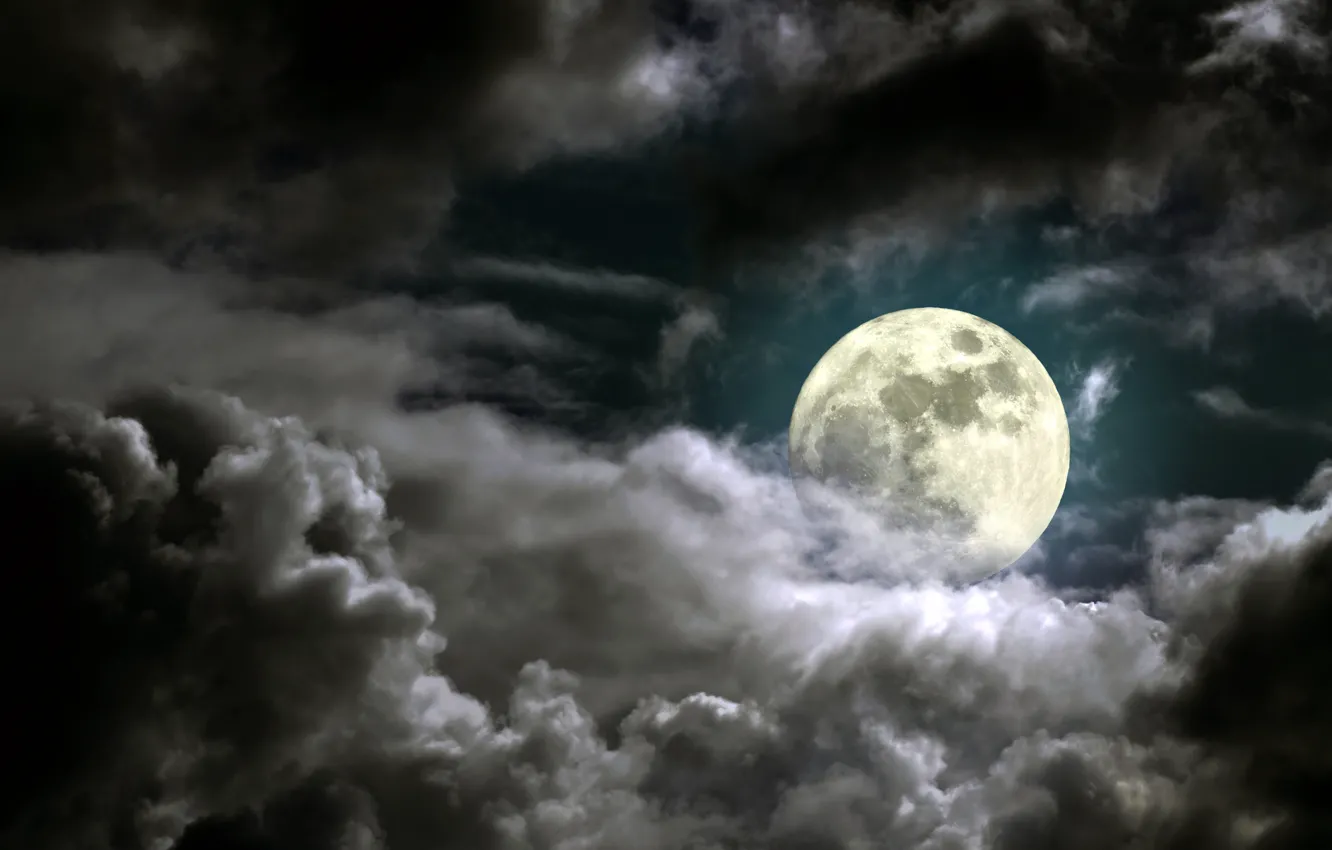Фото обои небо, облака, свет, ночь, луна