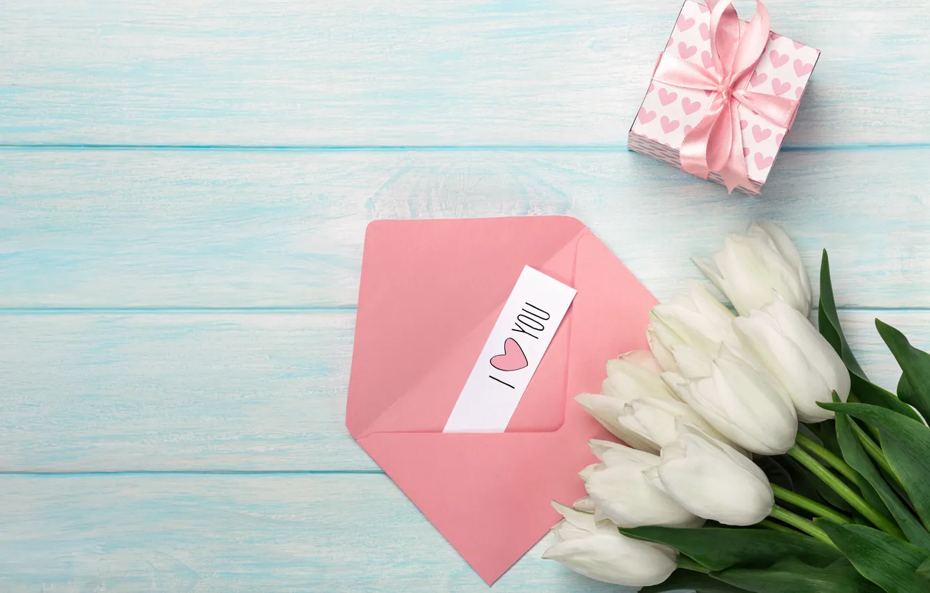 Фото обои коробка, подарок, надпись, тюльпаны, конверт, День матери