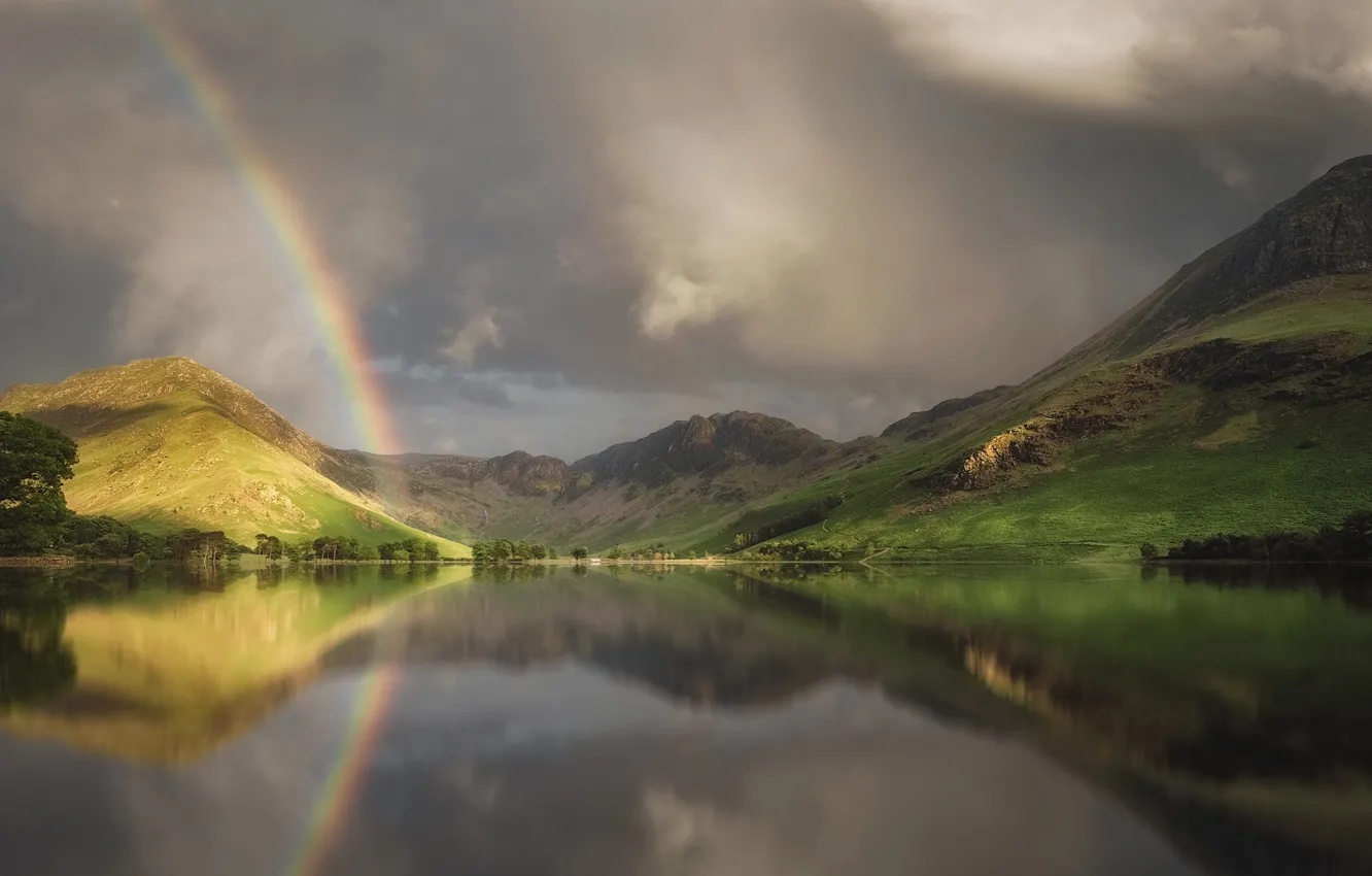 Фото обои лето, горы, озеро, холмы, Англия, радуга, весна, Шотландия