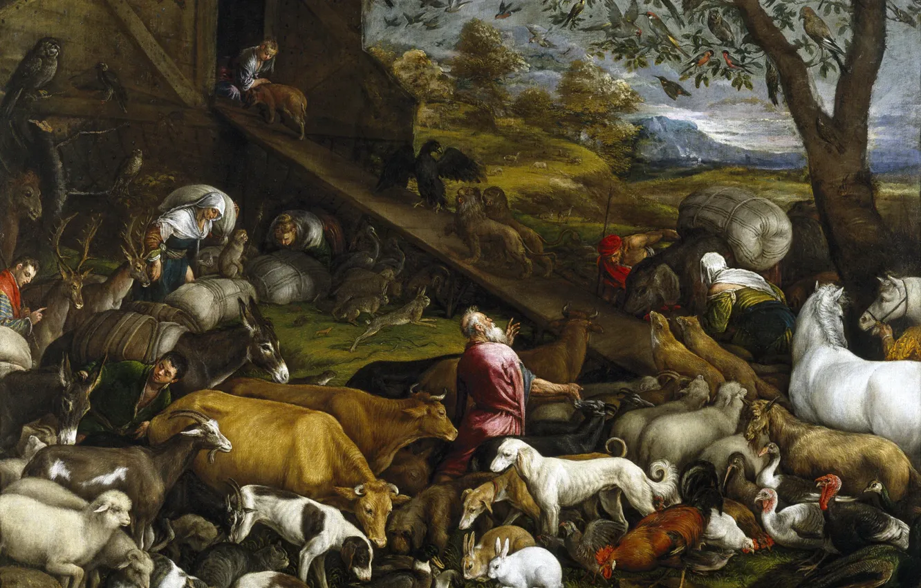 Фото обои картина, жанровая, мифология, Якопо Бассано, Вход животных в Ноев ковчег