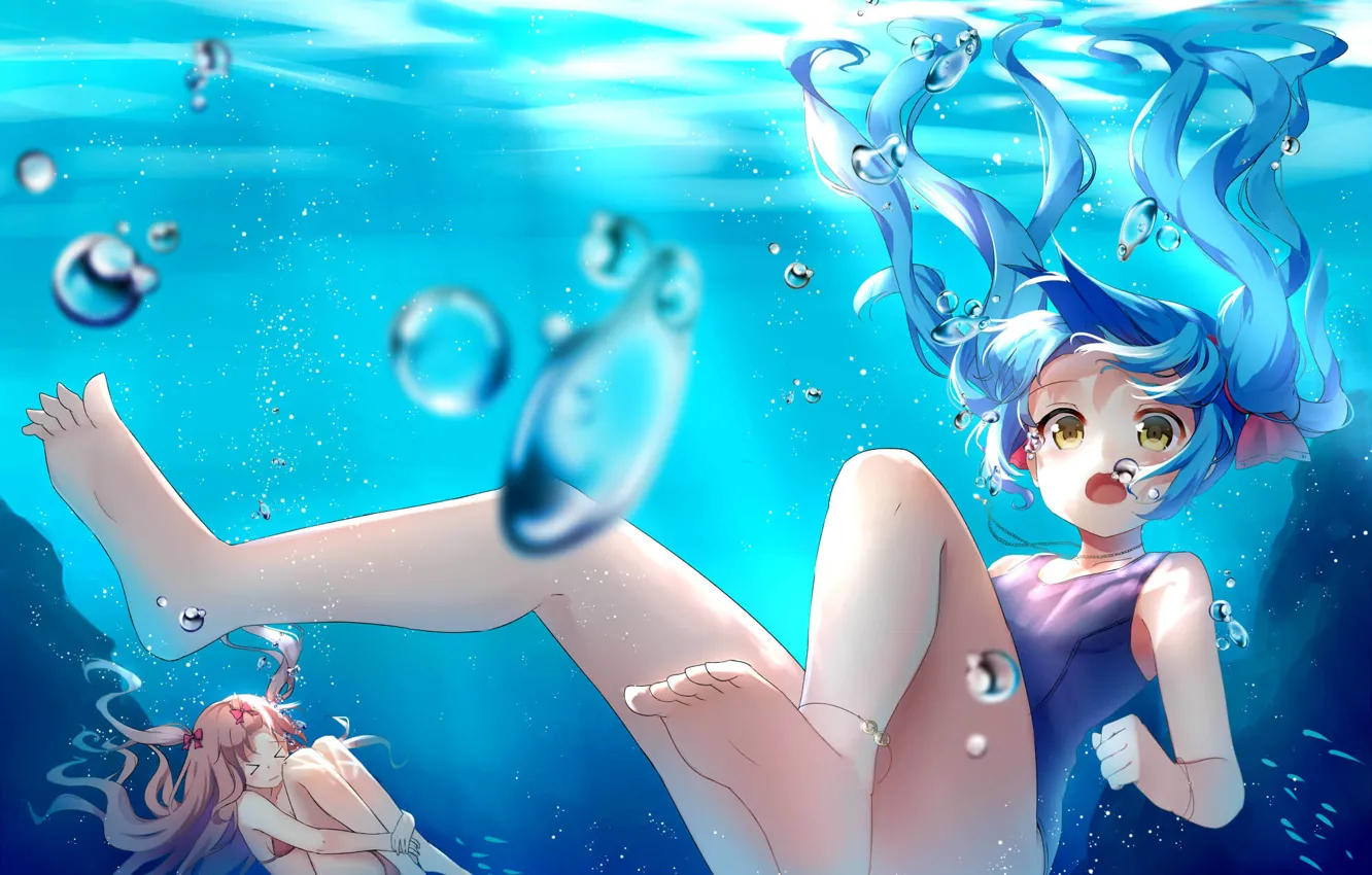 Фото обои свет, пузыри, девушки, аниме, арт, под водой, alexmaster