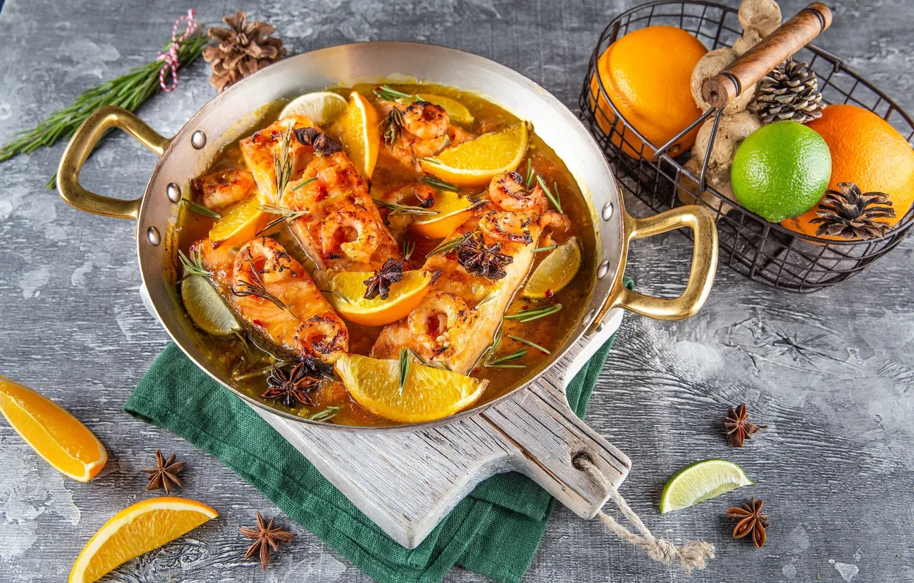 Фото обои суп, цитрусы, блюдо, морепродукты, азиатская кухня
