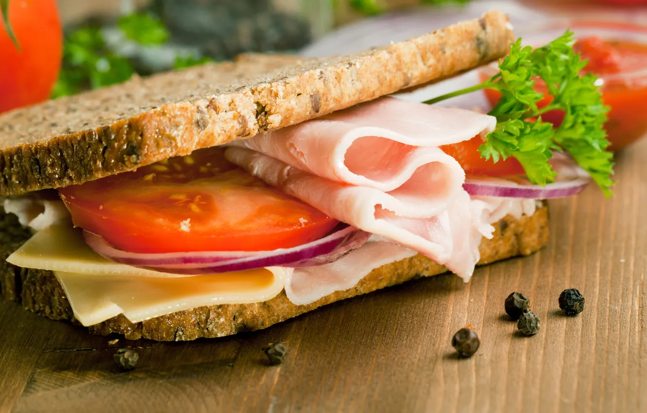 Фото обои зелень, сыр, хлеб, бутерброд, помидор, cheese, ветчина, Fast food