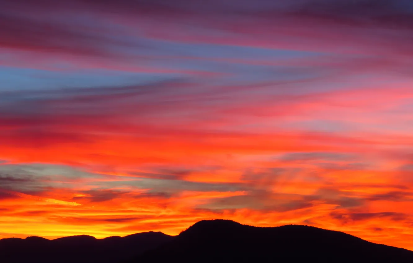 Фото обои облака, закат, горы, силуэт, оранжевое небо