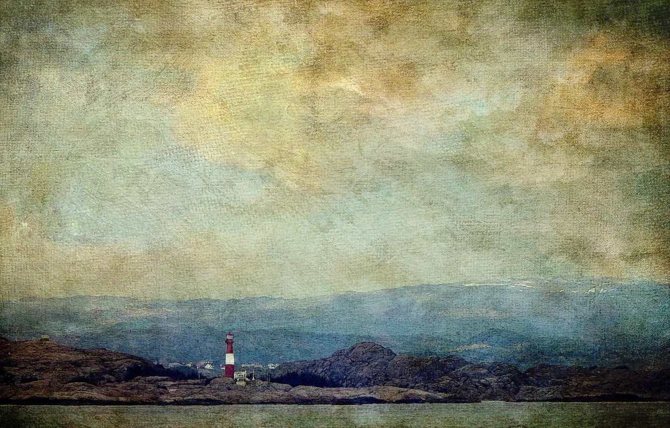 Фото обои небо, горы, озеро, камень, маяк, горизонт