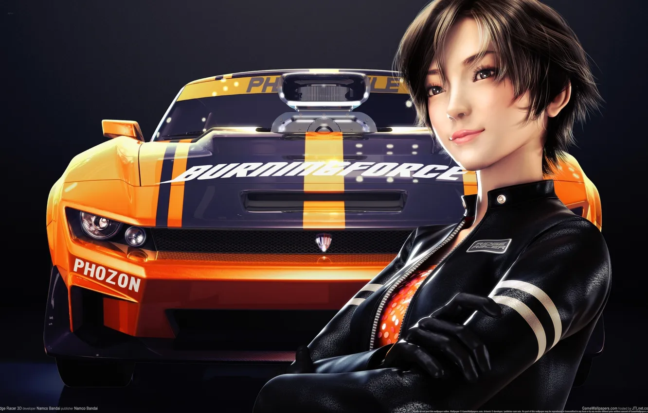Фото обои машина, девушка, улыбка, азиатка, ridge racer 3d