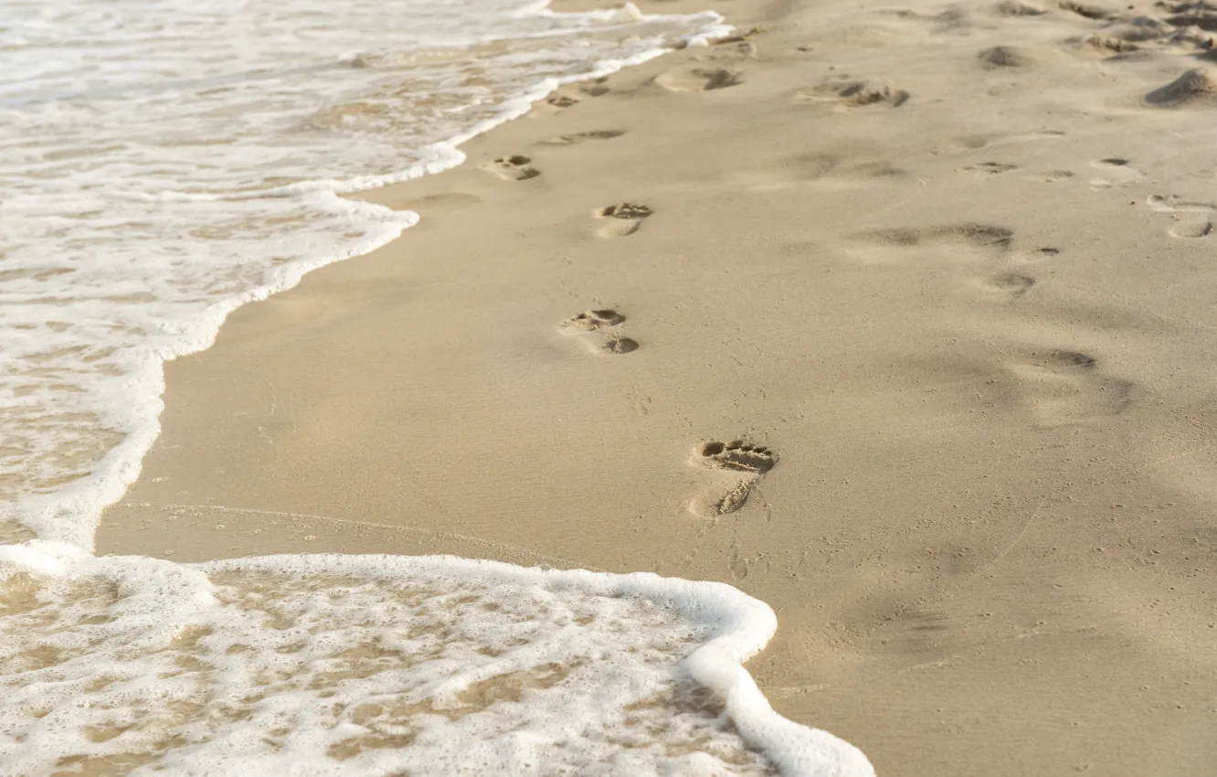 Фото обои песок, волны, пляж, следы, summer, beach, sea, sand