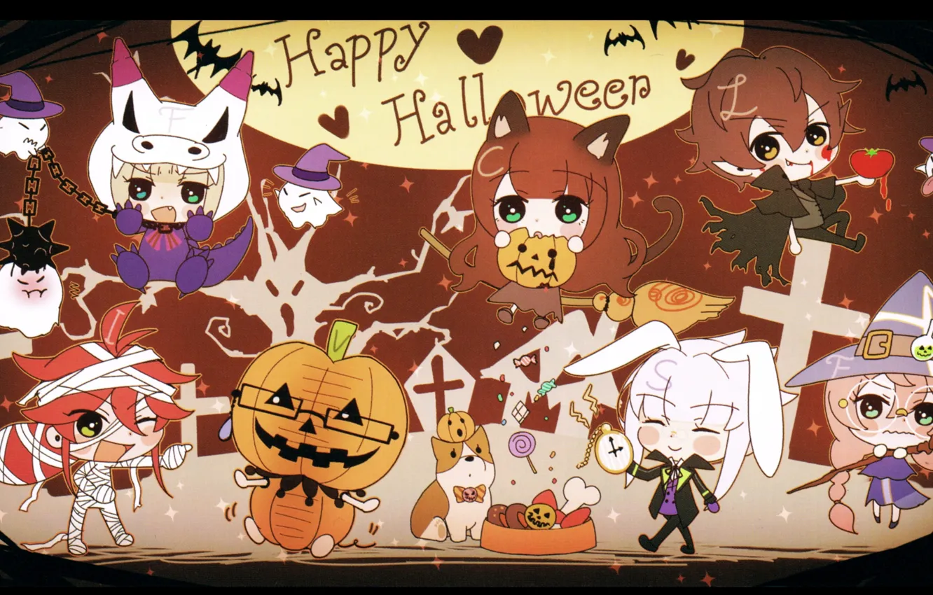 Фото обои тыквы, щенок, метла, персонажи, happy halloween, чибики, code realize, impey barbicane