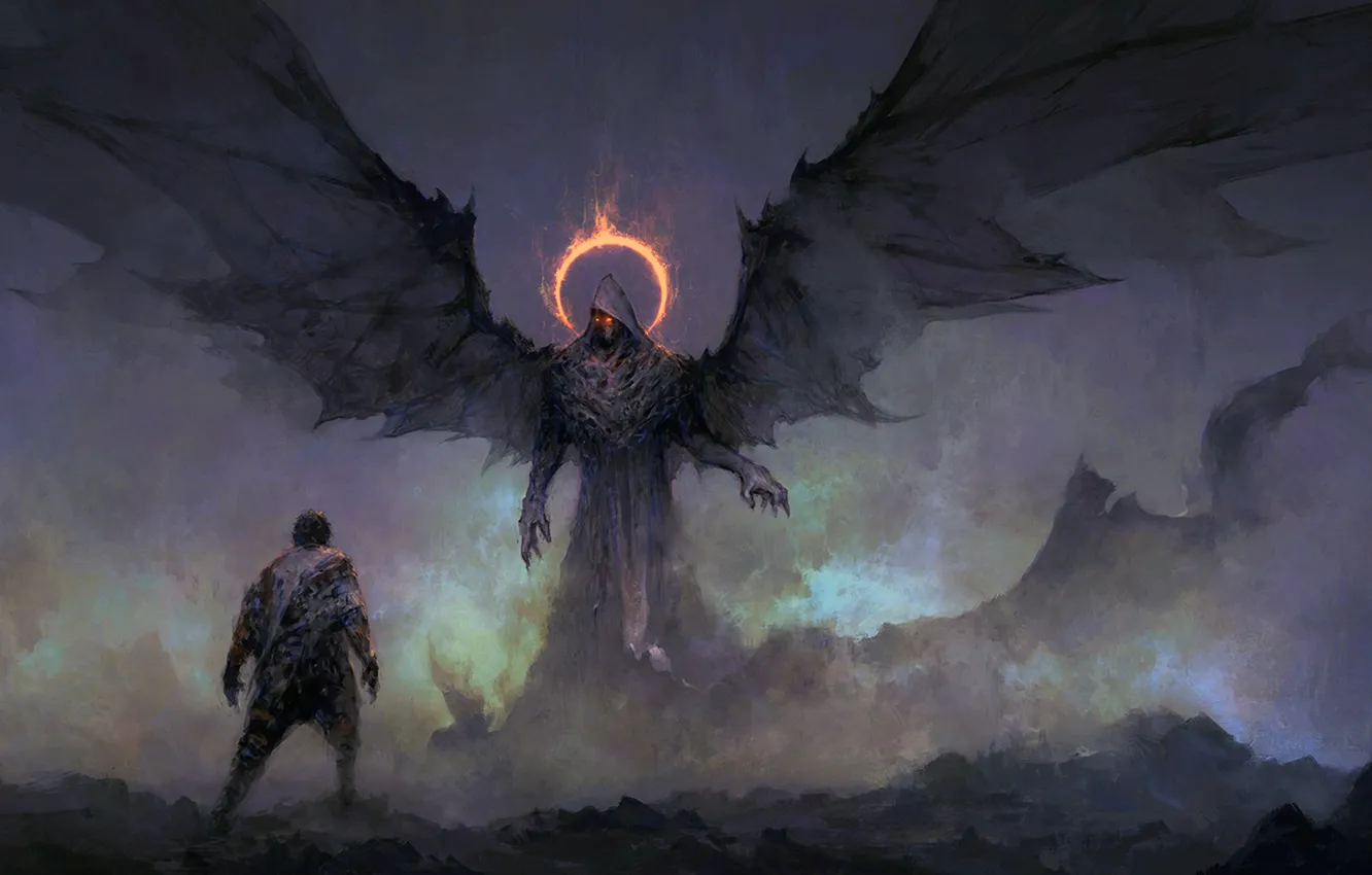 Фото обои dark, fantasy, wings, red eyes, man, digital art, artwork, dark angel