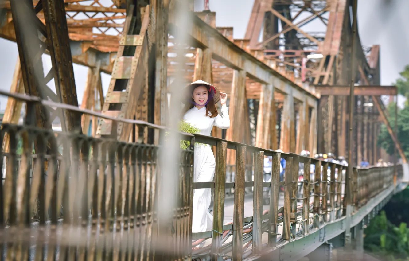 Фото обои девушка, мост, прогулка, азиатка