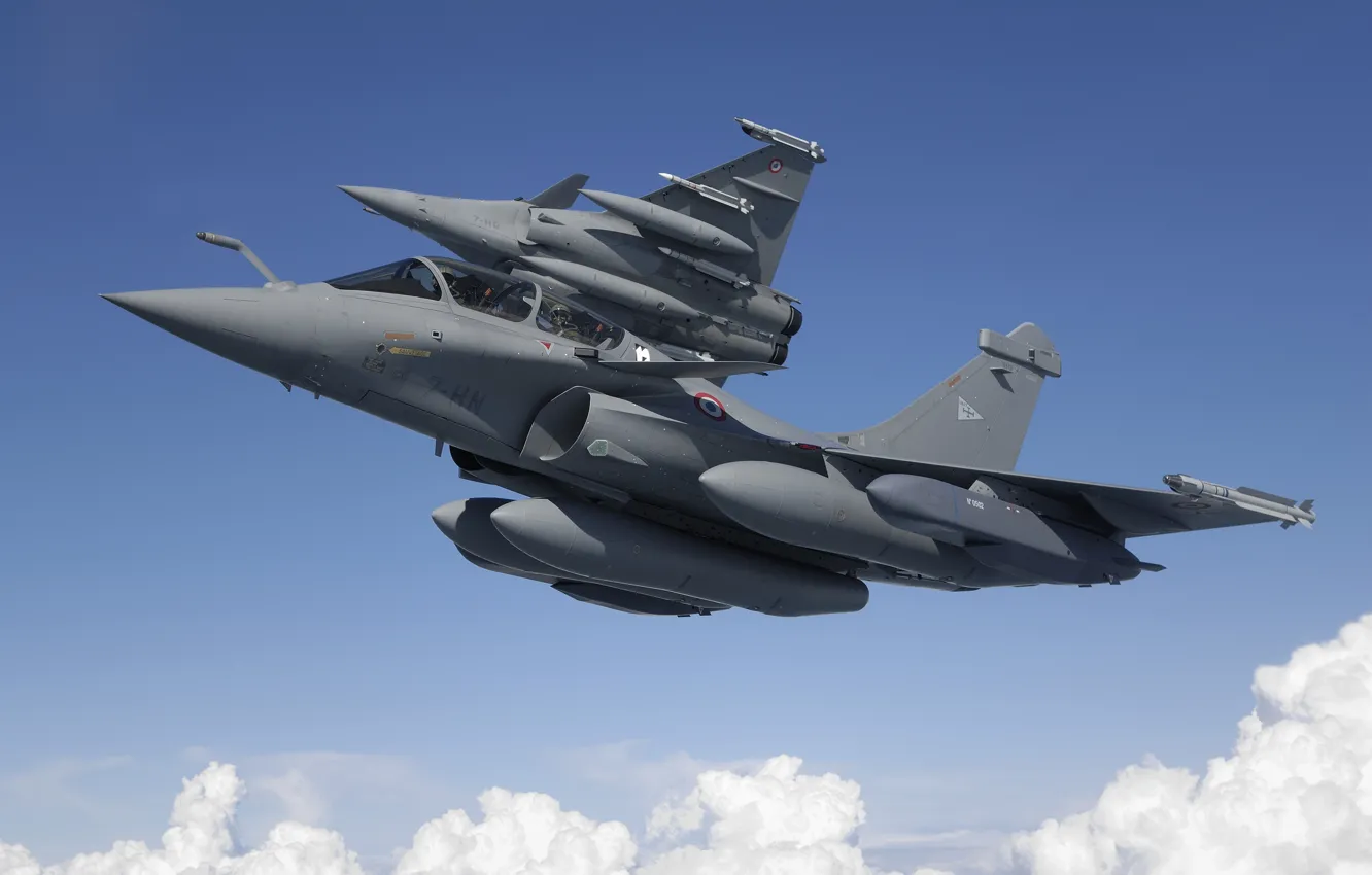Фото обои Истребитель, Dassault Rafale, ВВС Франции, Armée de l'Air, ПТБ, Rafale B, MBDA MICA