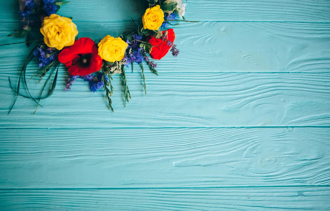 Фото обои цветы, маки, розы, желтые, colorful, summer, венок, wood