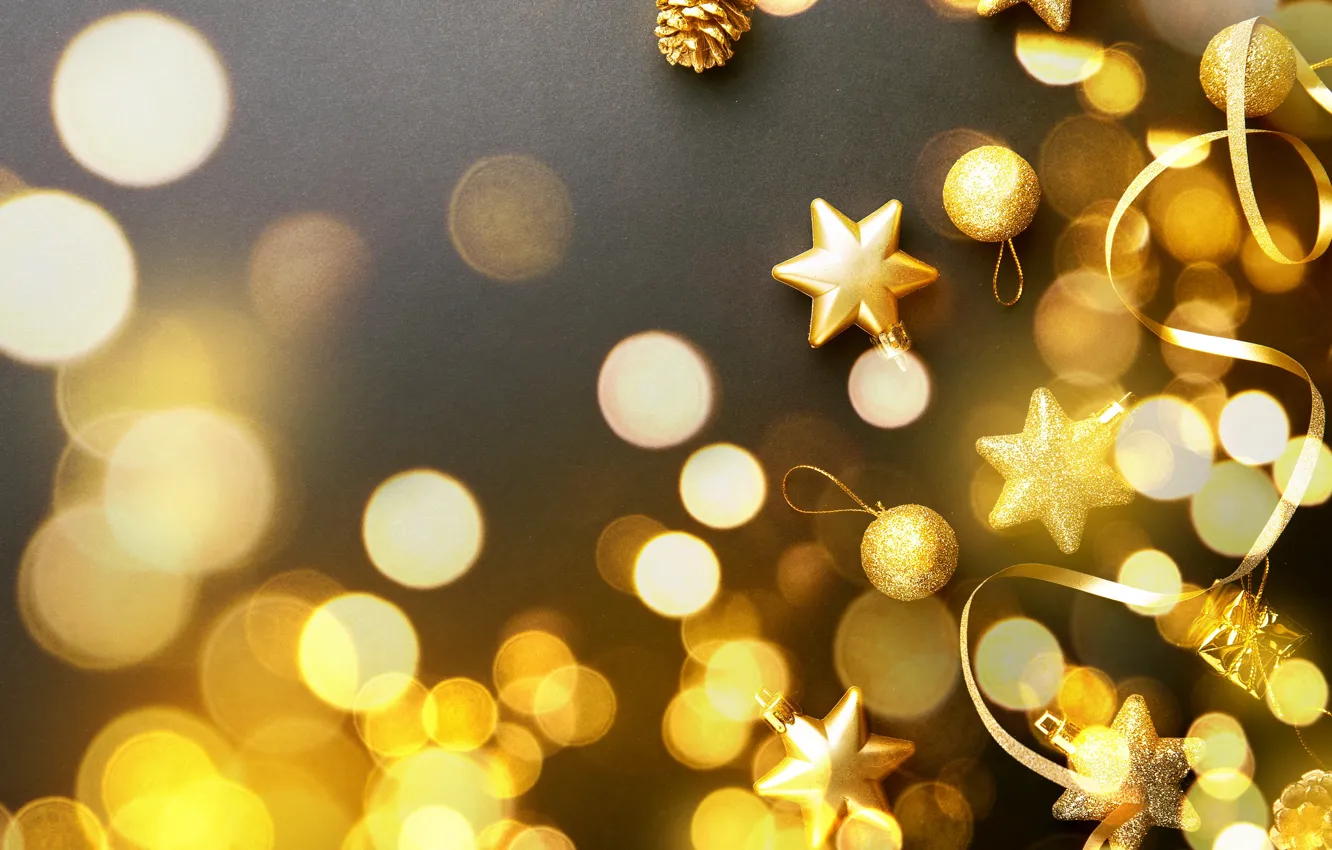 Фото обои украшения, шары, Новый Год, Рождество, golden, черный фон, black, Christmas