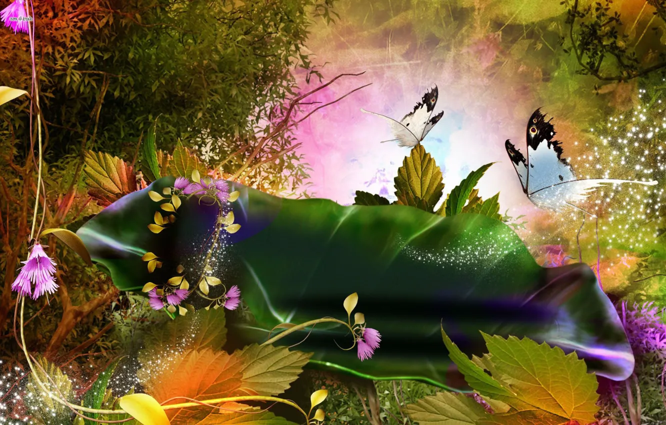 Фото обои листья, бабочки, цветы, абстракция, пыльца, летняя фантазия