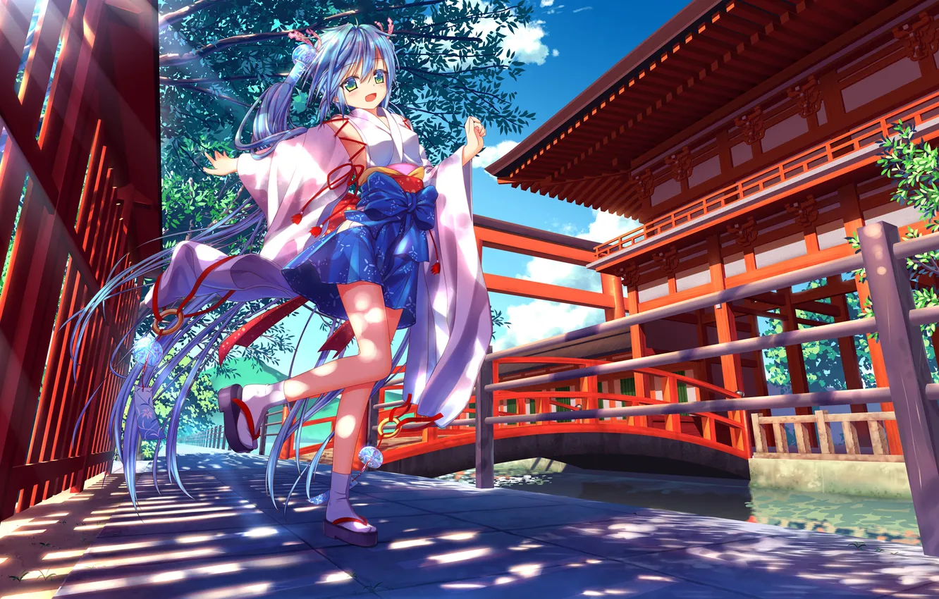 Фото обои небо, девушка, облака, деревья, мост, арт, кимоно, vocaloid