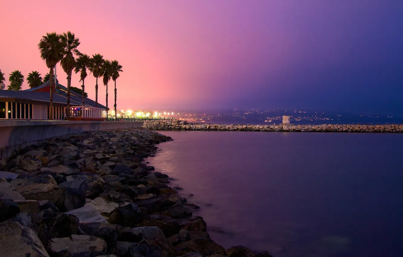 Фото обои закат, город, пальмы, побережье, california