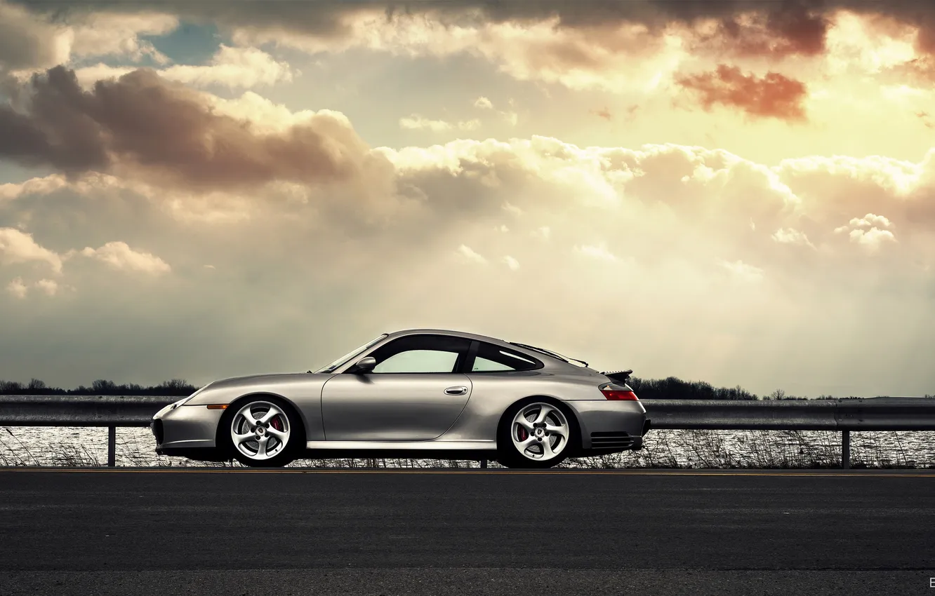 Фото обои солнце, блики, 911, Porsche, серебристый, порше, silvery, profile