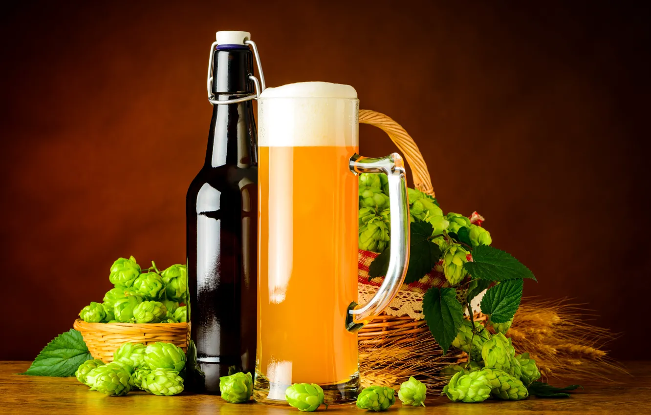 Фото обои пена, корзина, бутылка, пиво, алкоголь, солод, beer, foam