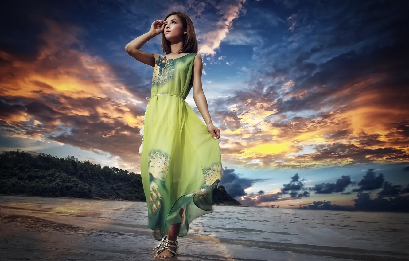 Фото обои море, девушка, закат