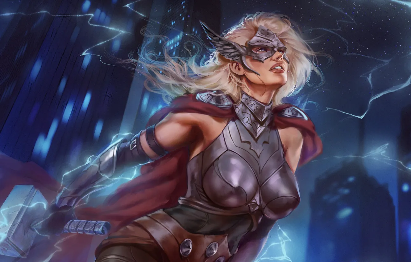 Фото обои girl, marvel, thor, thunder, hammer, Jane Foster, mjollnir