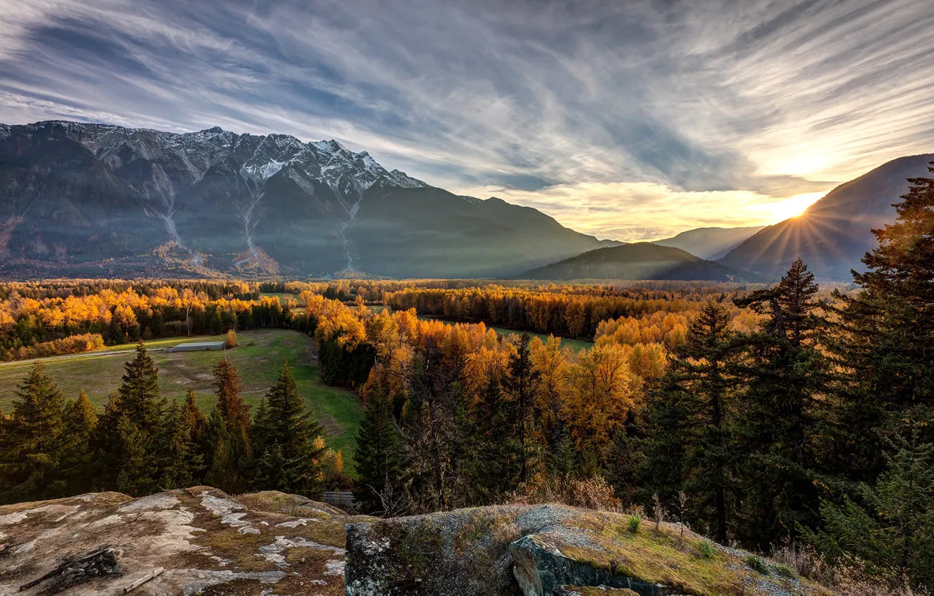 Фото обои осень, лес, закат, горы, долина, Канада, Canada, British Columbia