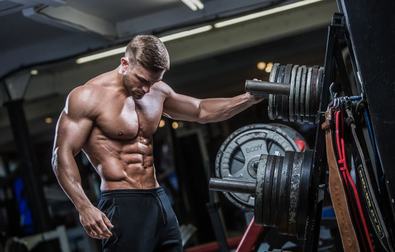 Фото обои поза, muscle, мышцы, пресс, гантели, тренажерный зал, gym, бодибилдер