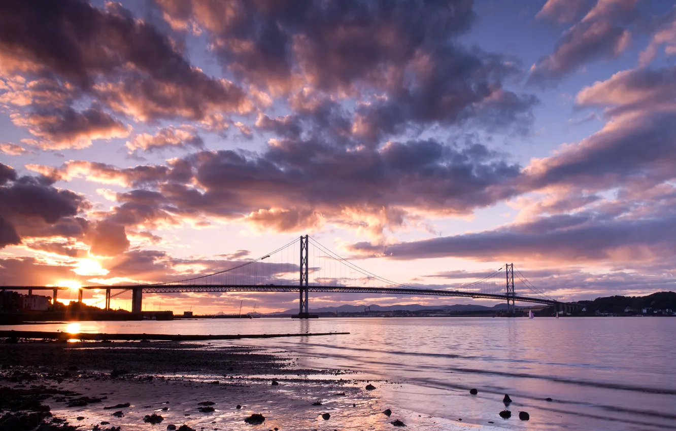 Фото обои небо, облака, пейзаж, закат, мост, природа, река, Scotland