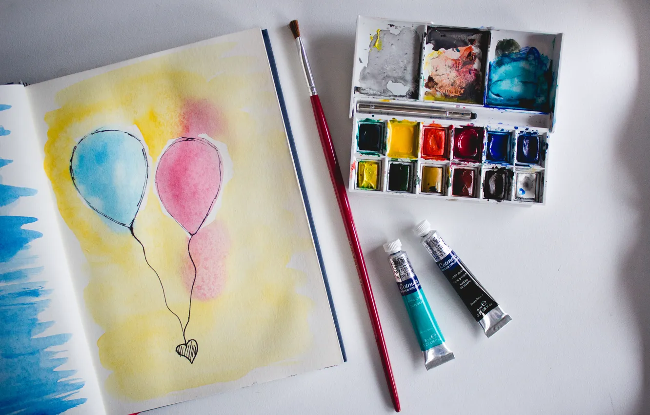 Фото обои шарики, краски, рисунок, воздушные, кисть