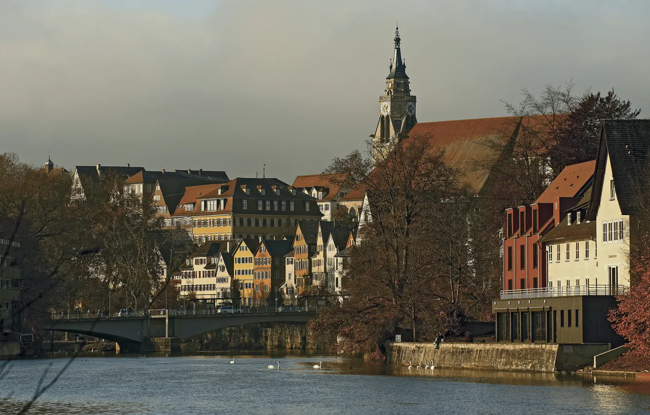 Фото обои небо, мост, река, дома, Германия, Тюбинген