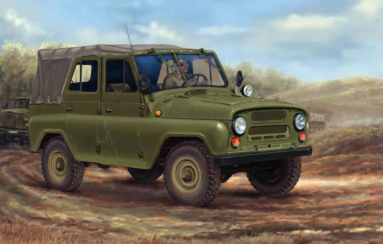 Фото обои машина, арт, внедорожник, автомобиль, колонна, армейский, советский, УАЗ-469