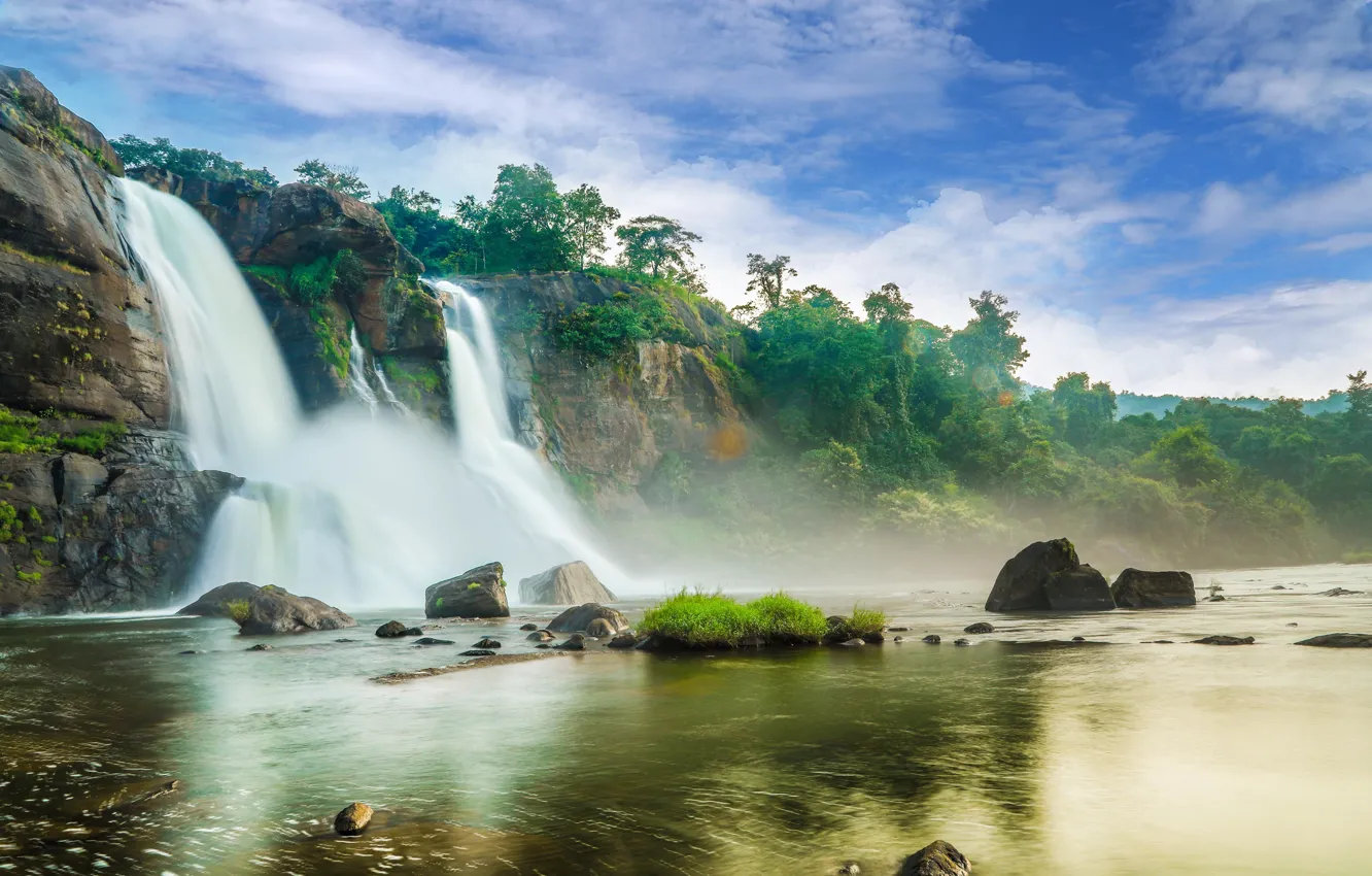 Фото обои деревья, река, водопад, поток, Индия, Коччи
