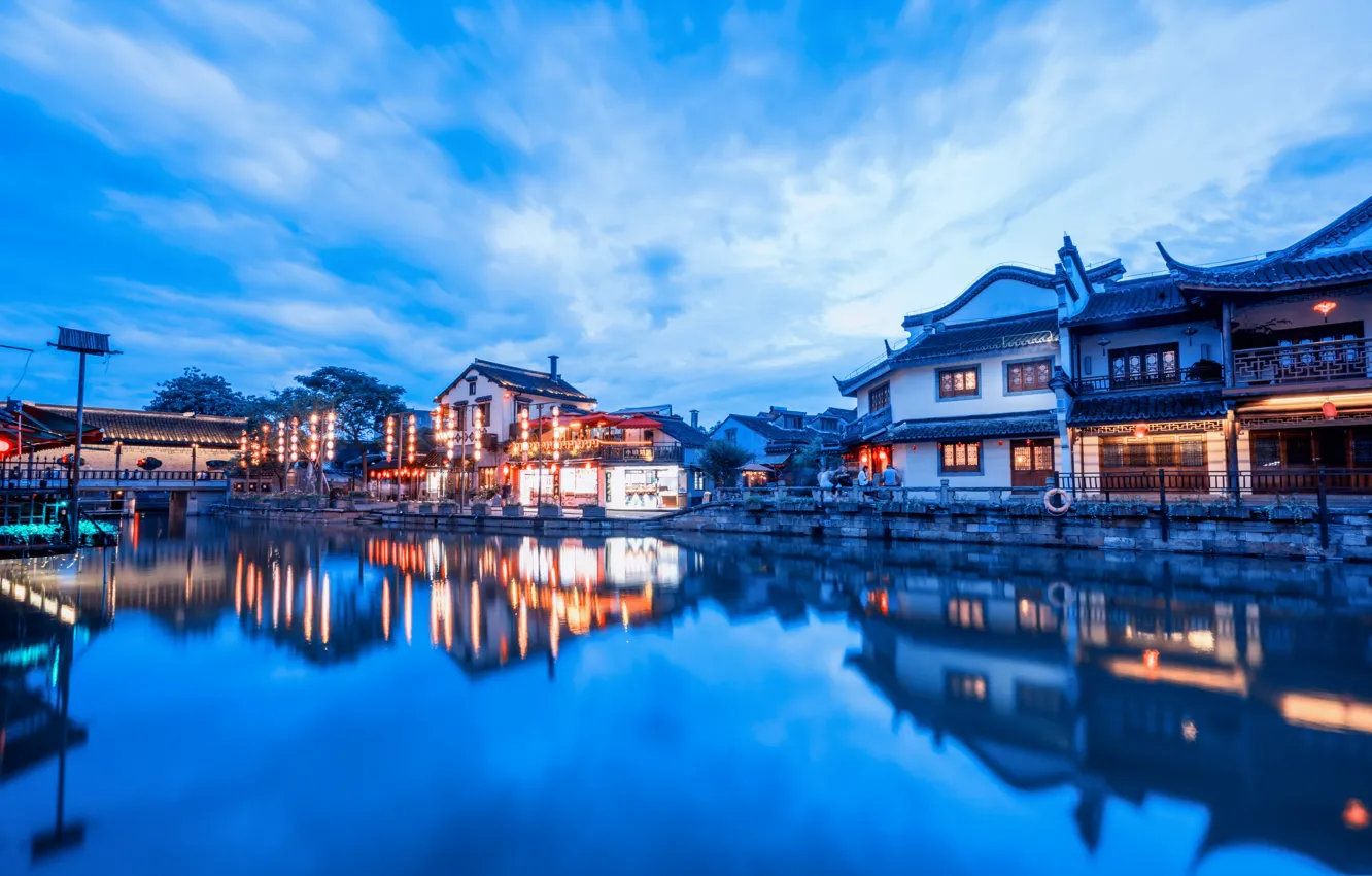 Фото обои огни, отражение, дома, Китай, Xitang