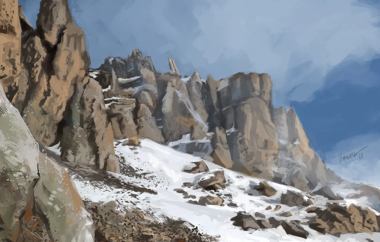 Фото обои холод, снег, горы, камни, скалы, арт
