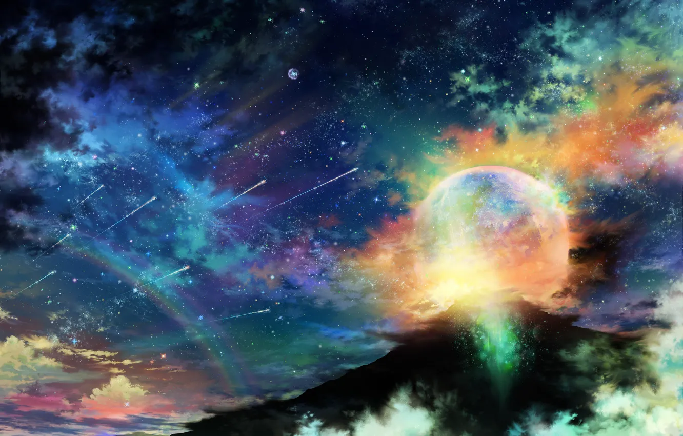 Фото обои небо, звезды, облака, ночь, планета, гора, радуга, арт
