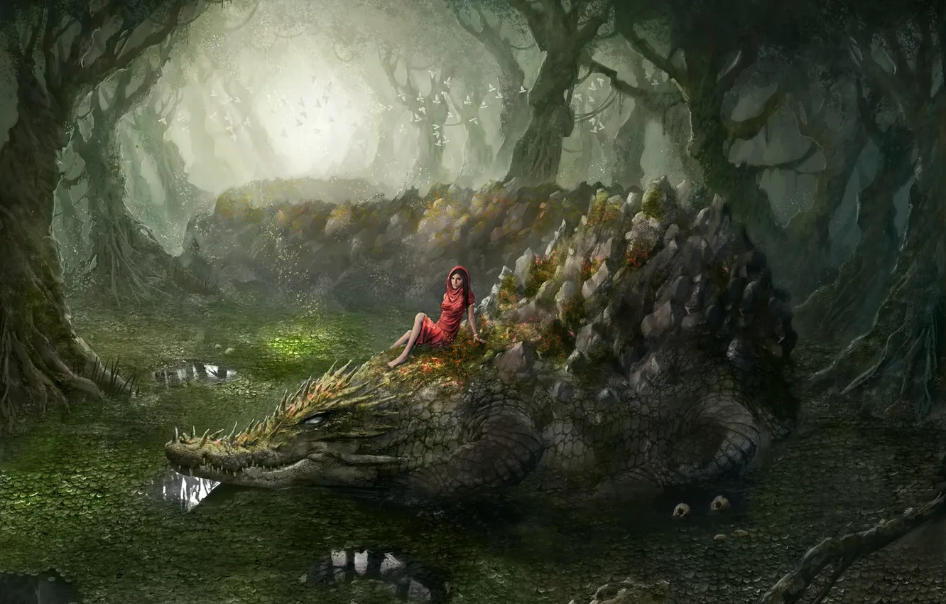 Фото обои лес, девушка, крокодил, джунгли, swamp thing