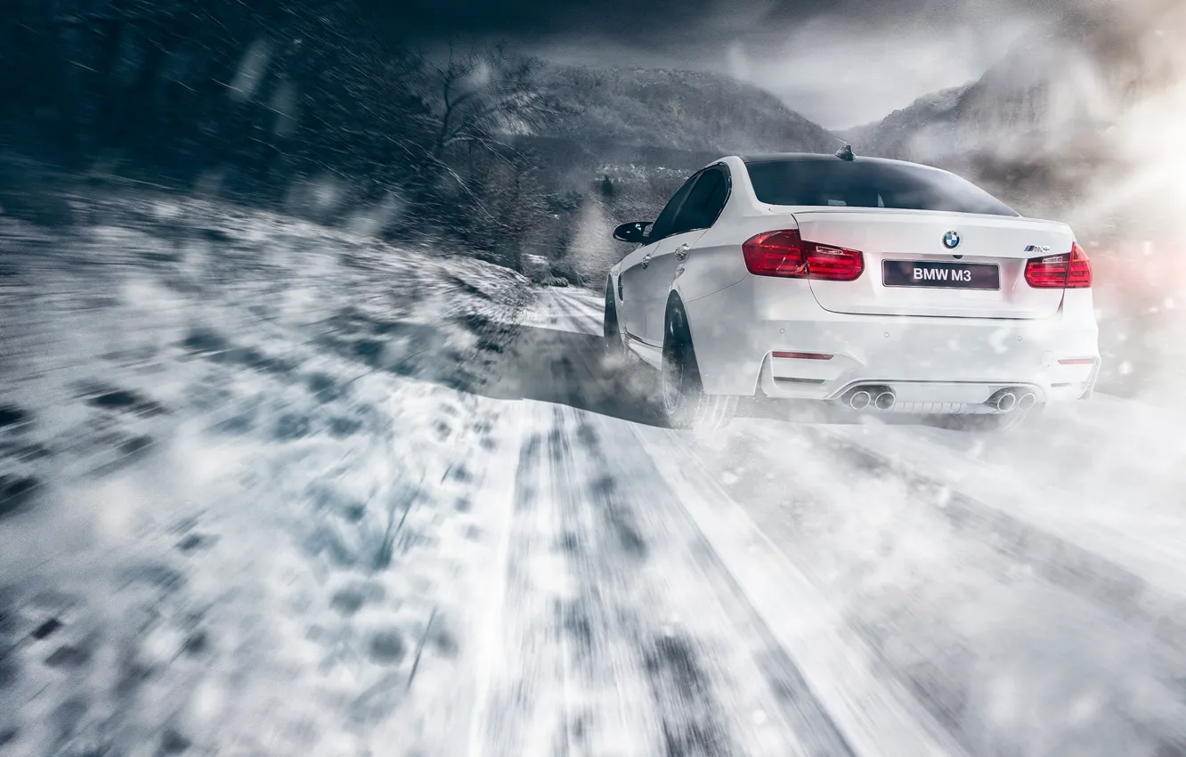 Фото обои BMW, Car, Speed, Snow, White, Sport, Road, Rear