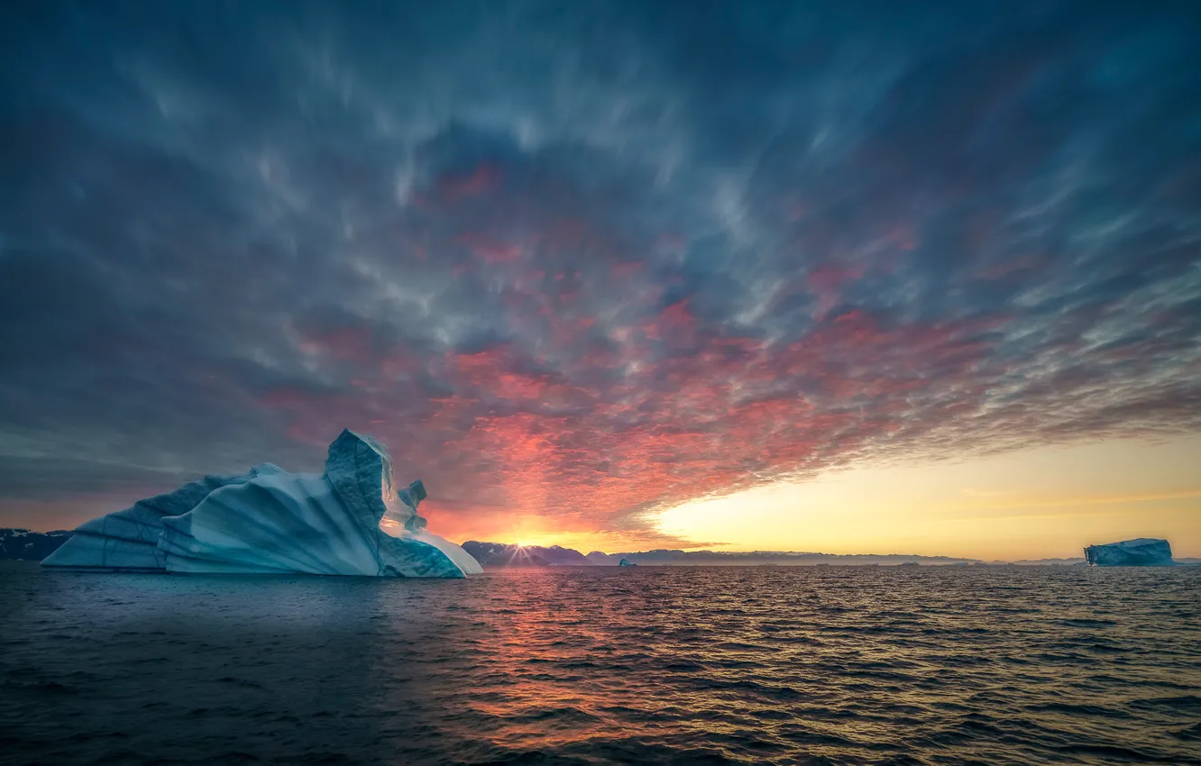 Фото обои море, солнце, океан, ледник, Гренландия