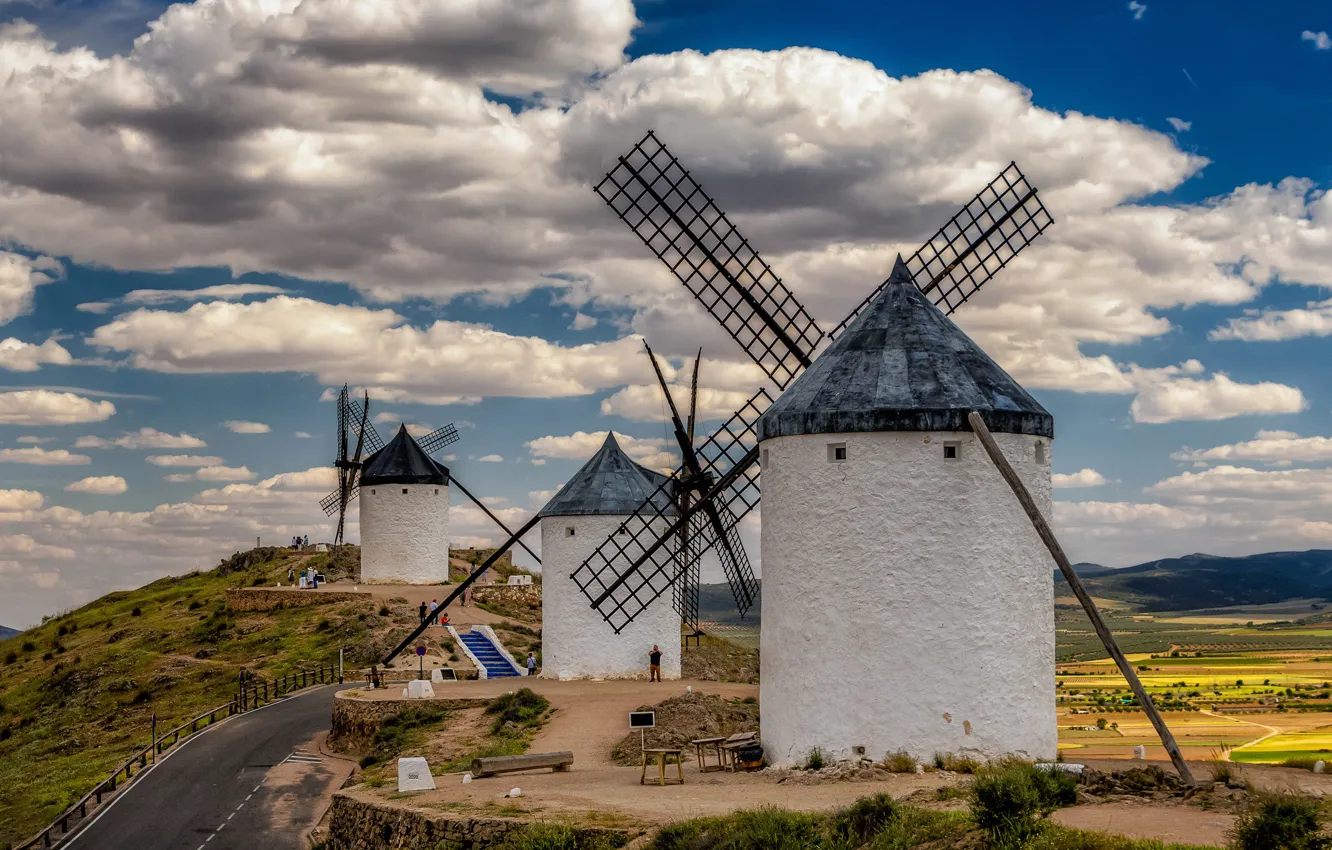 Фото обои дорога, Испания, ветряные мельницы