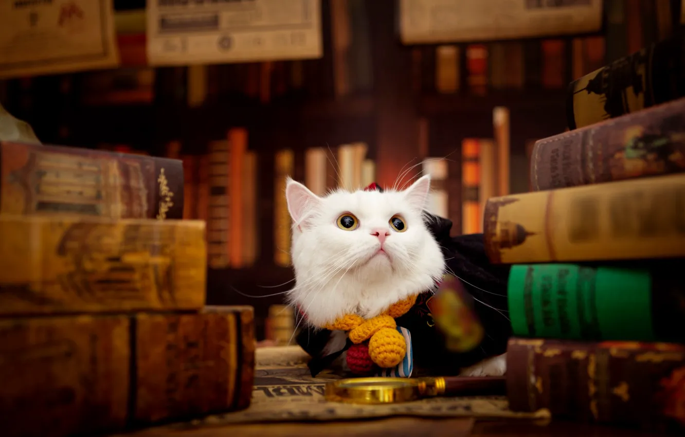Фото обои кошка, белый, кот, взгляд, поза, книга, библиотека, лупа
