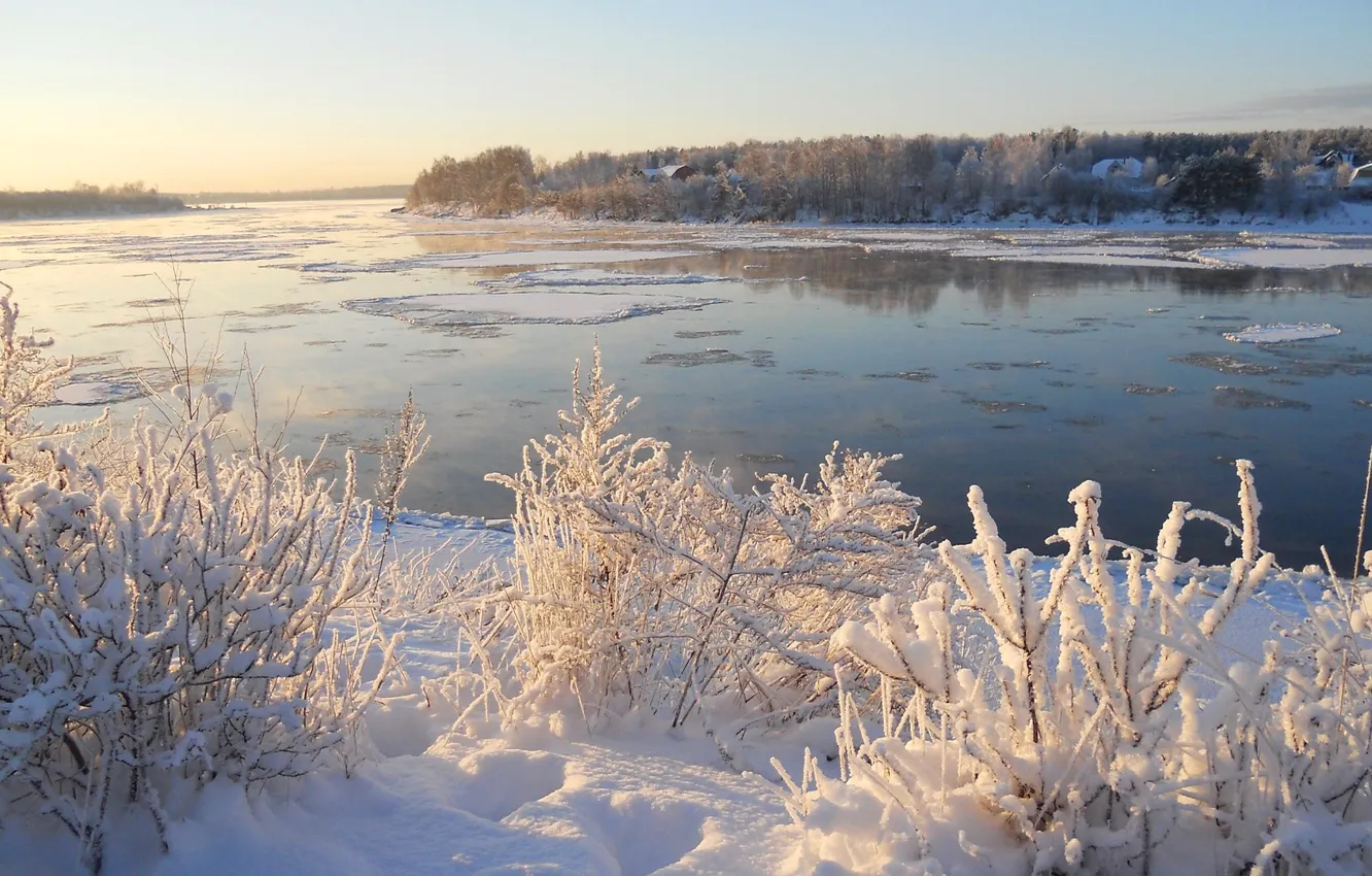 Фото обои лед, зима, небо, снег, деревья, река