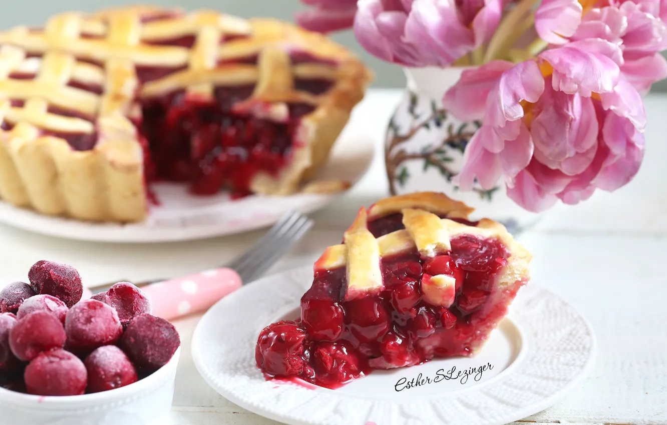 Фото обои цветы, пирог, десерт, вишни
