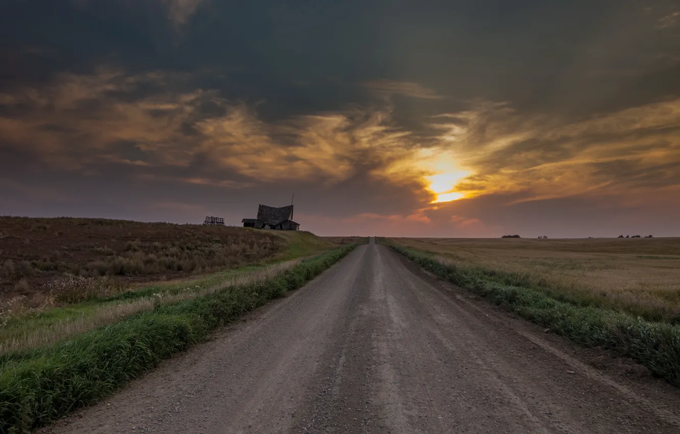 Фото обои дорога, поле, закат, дом