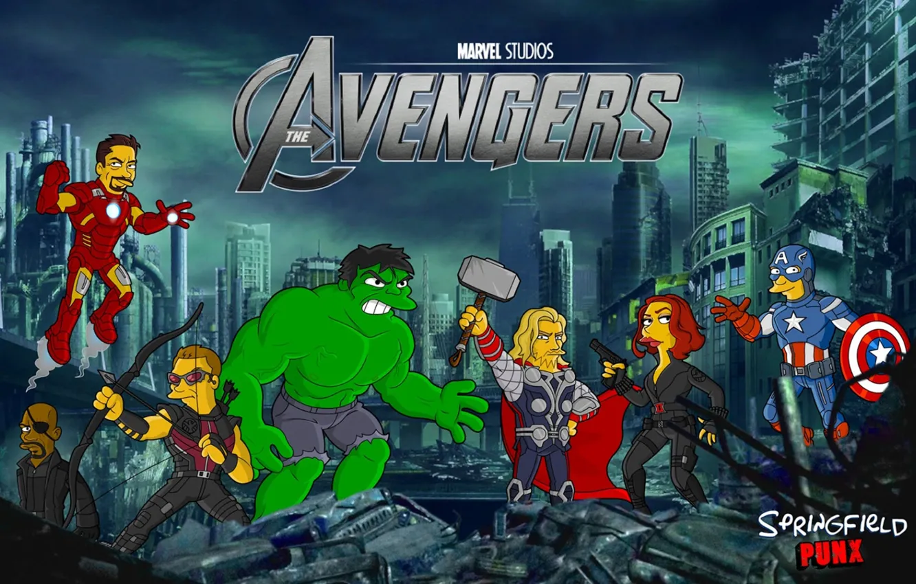 Фото обои Simpsons, Hulk, Captain America, Thor, The Simpsons, superheroes, The Avengers, Avengers