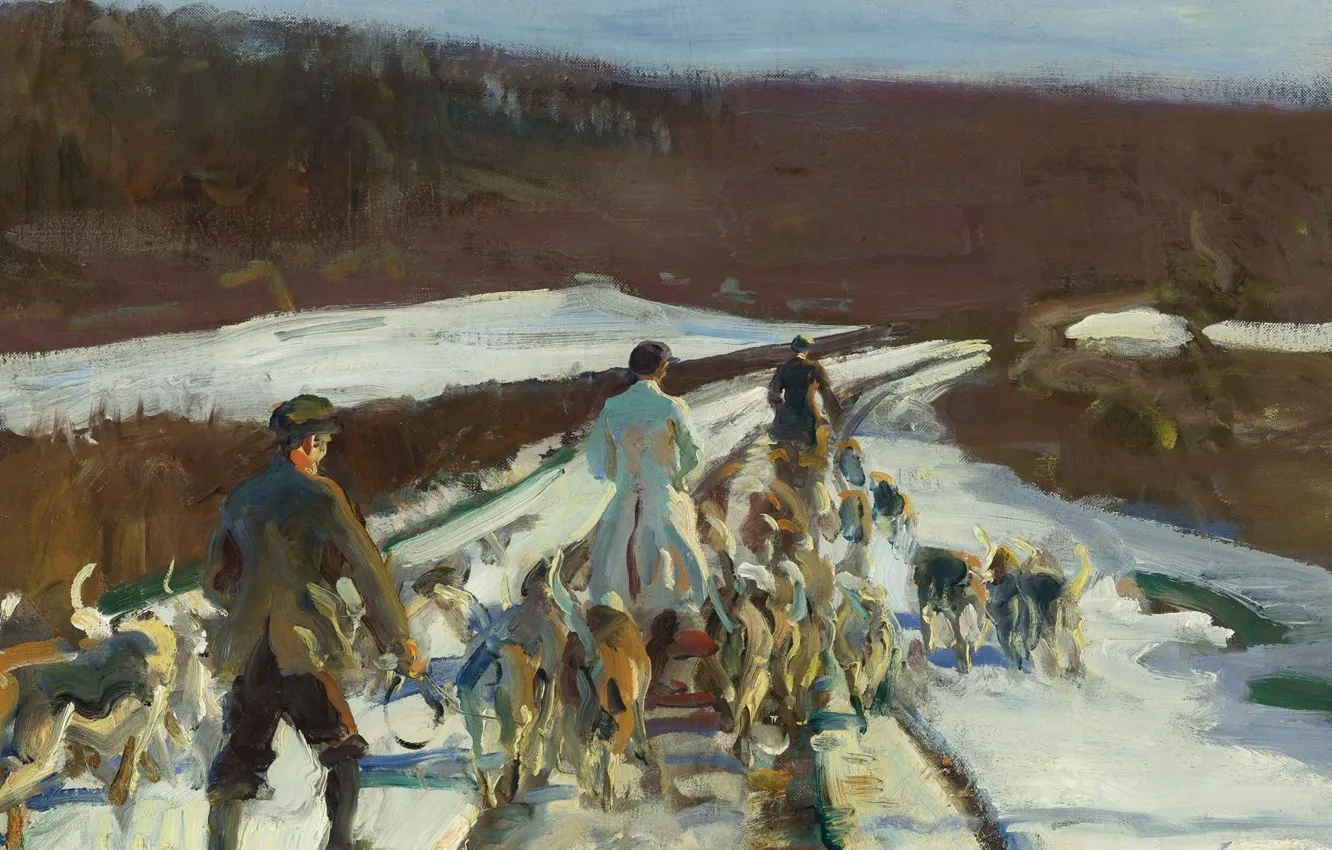 Фото обои пейзаж, картина, Альфред Джеймс Маннингс, Alfred James Munnings, The Young Entry on a Snowy Road …