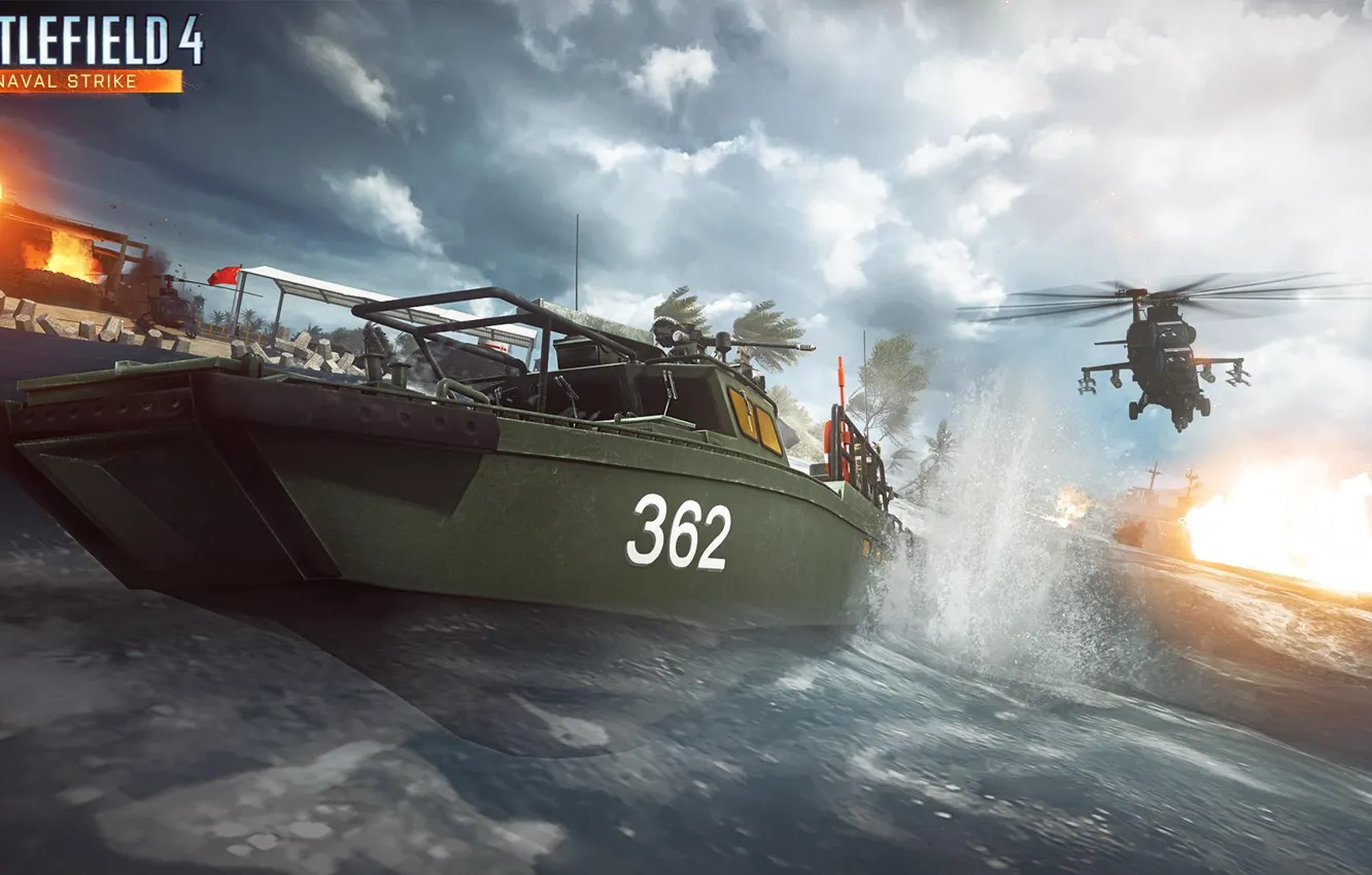 Фото обои вода, катер, вертолёт, Electronic Arts, Battlefield 4, naval strike