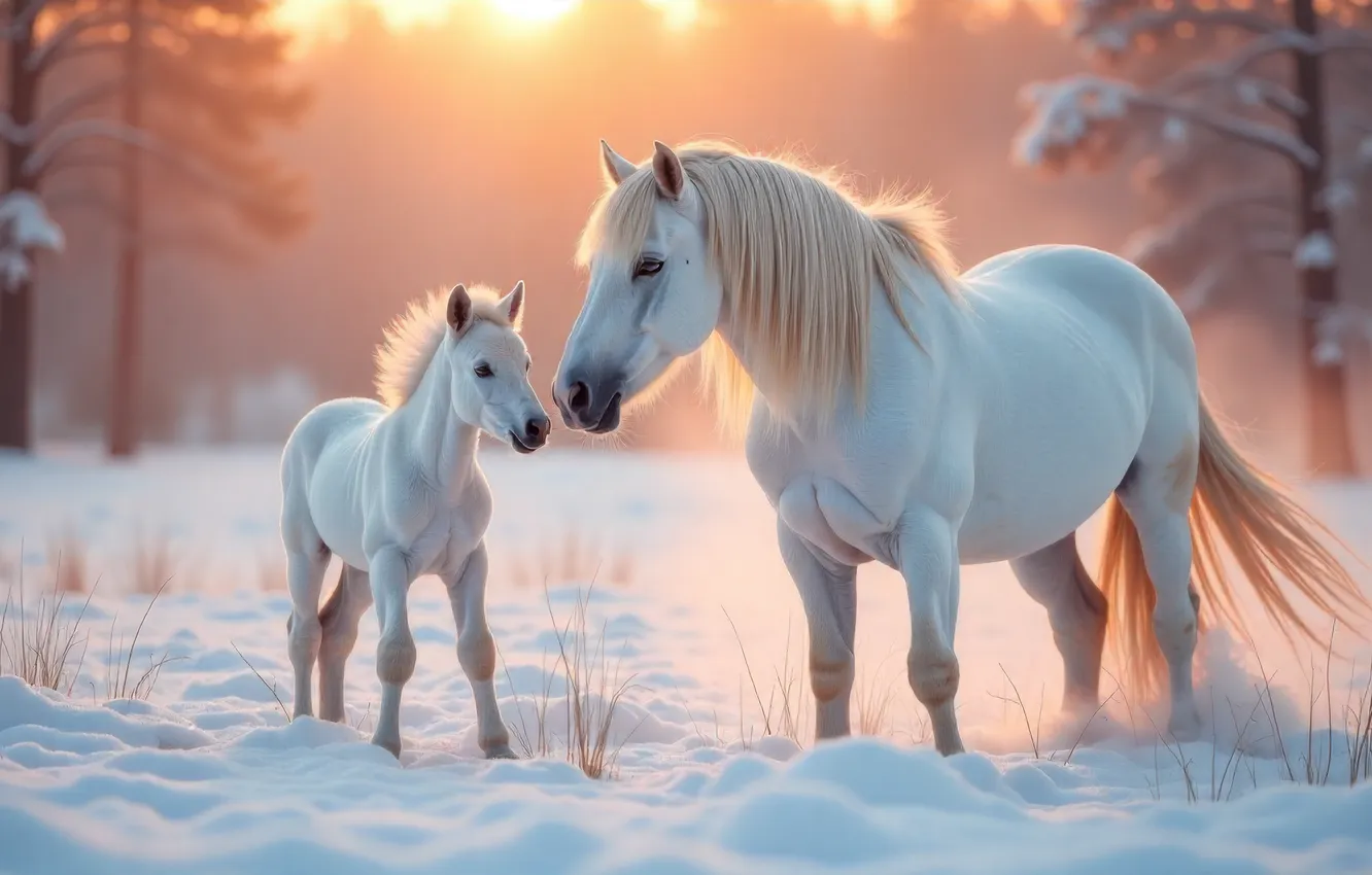 Фото обои зима, лес, белый, взгляд, морда, солнце, снег, ветки