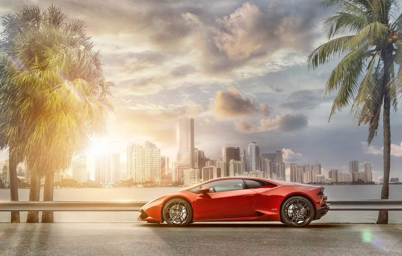 Фото обои транспорт, автомобиль, небоскрёбы, Lamborghini Huracán, In Miami